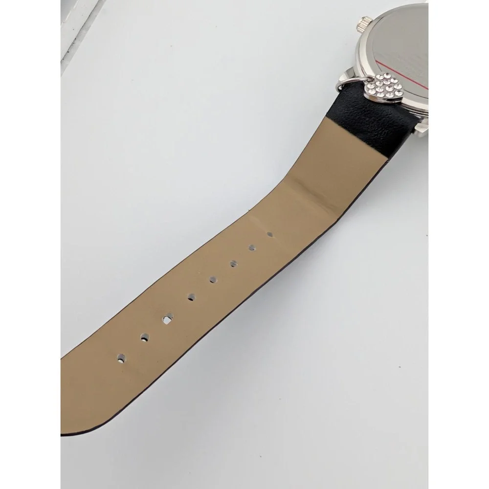 Accutime Watch Women 34mm Silver Case‎ Heart Charm Black Band- New Battery